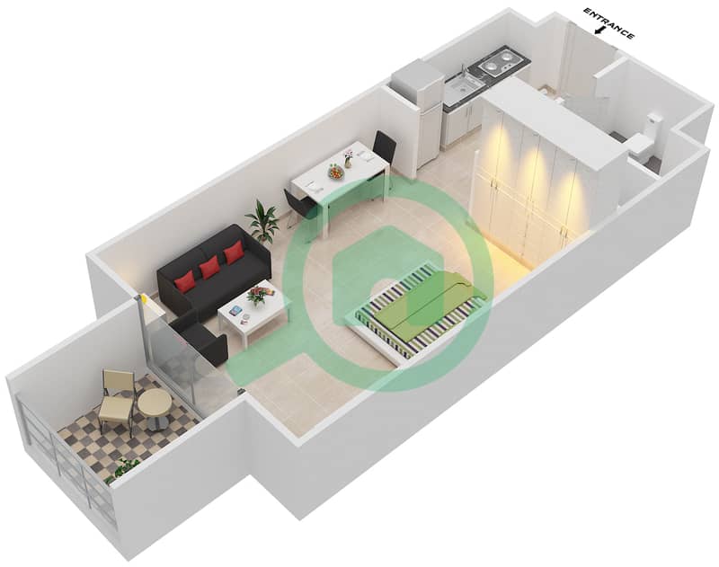 雪莲娜公寓 - 单身公寓类型2B,3戶型图 interactive3D