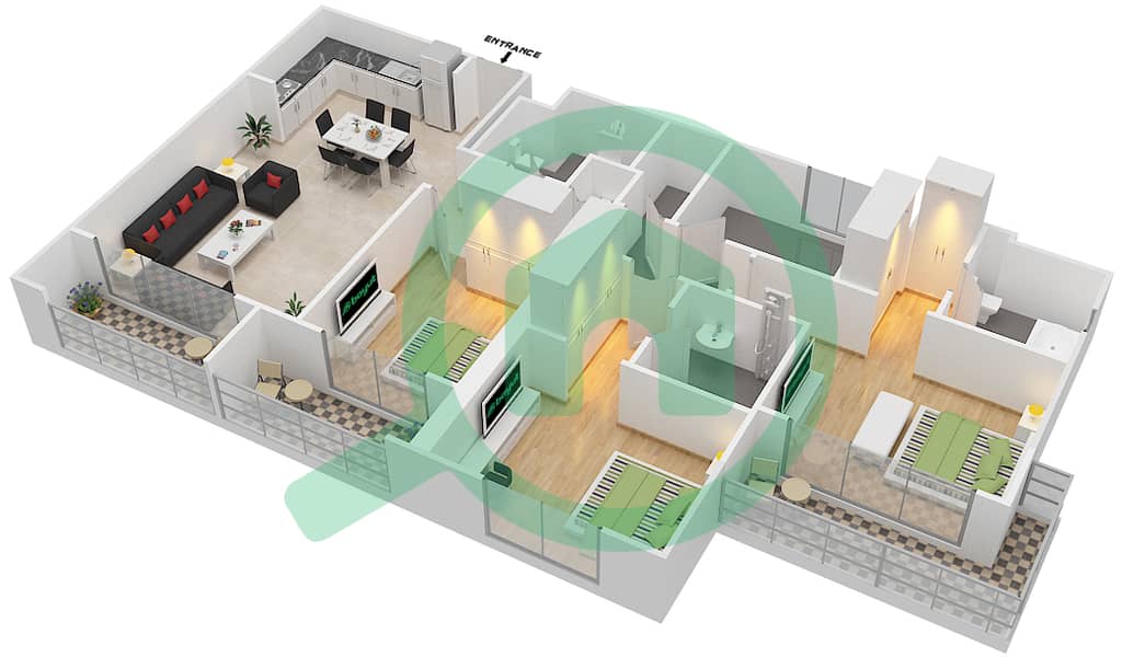 المخططات الطابقية لتصميم النموذج / الوحدة 3A شقة 3 غرف نوم - شقق الروضة interactive3D