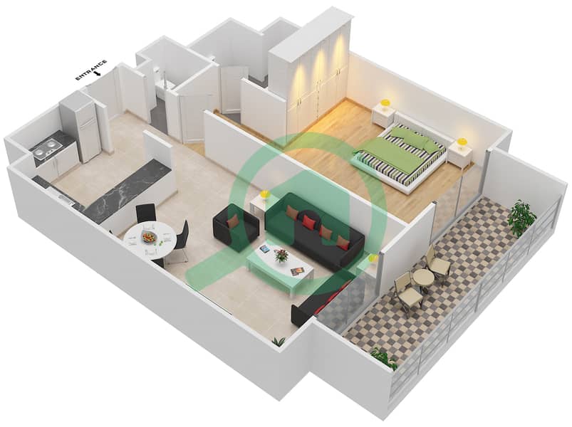 المخططات الطابقية لتصميم النموذج 5 شقة 1 غرفة نوم - شيرينا ريزيدينس interactive3D