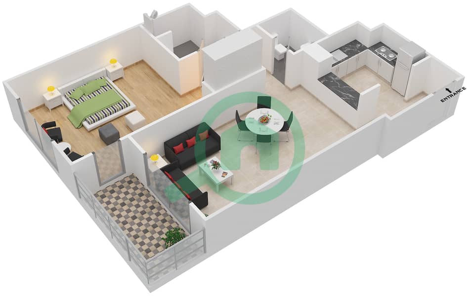 المخططات الطابقية لتصميم النموذج 1 شقة 1 غرفة نوم - شيرينا ريزيدينس interactive3D