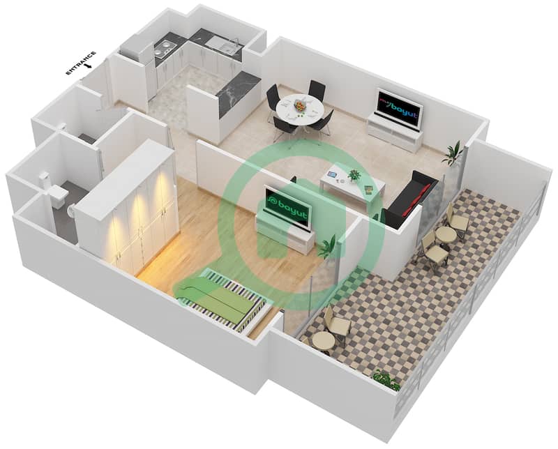المخططات الطابقية لتصميم النموذج 2A شقة 1 غرفة نوم - شيرينا ريزيدينس interactive3D