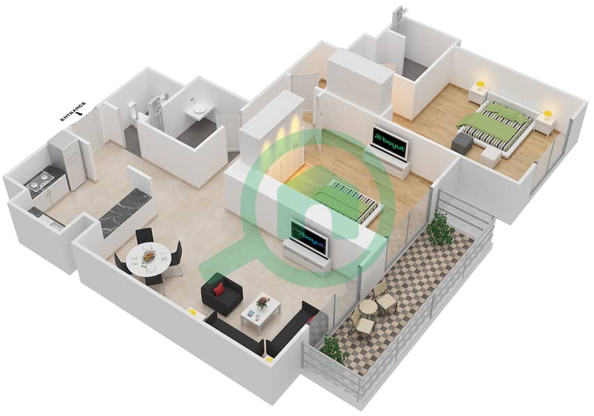 Шерена Резиденс - Апартамент 2 Cпальни планировка Тип 3B interactive3D