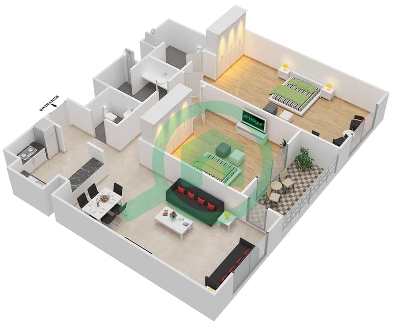 Sherena Residence - 2 Bedroom Apartment Type 4 Floor plan interactive3D