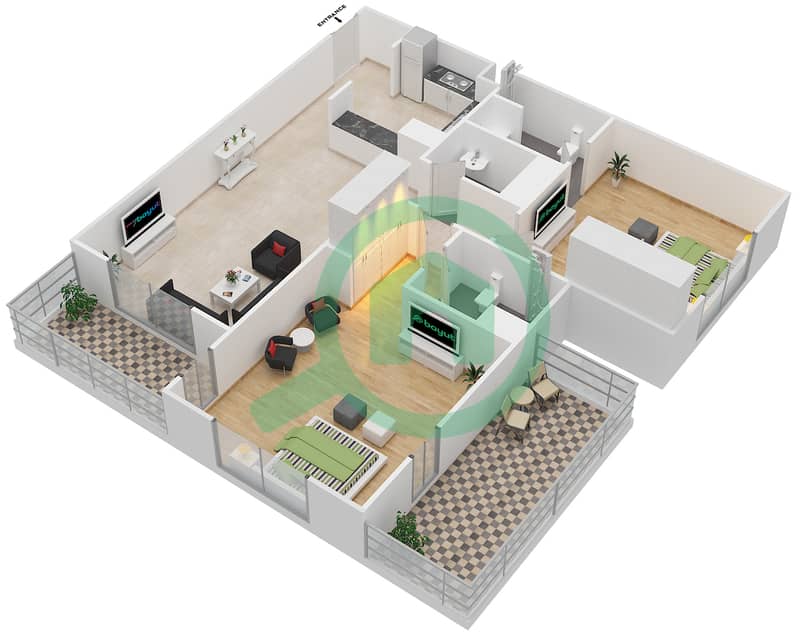Шерена Резиденс - Апартамент 2 Cпальни планировка Тип 2B interactive3D