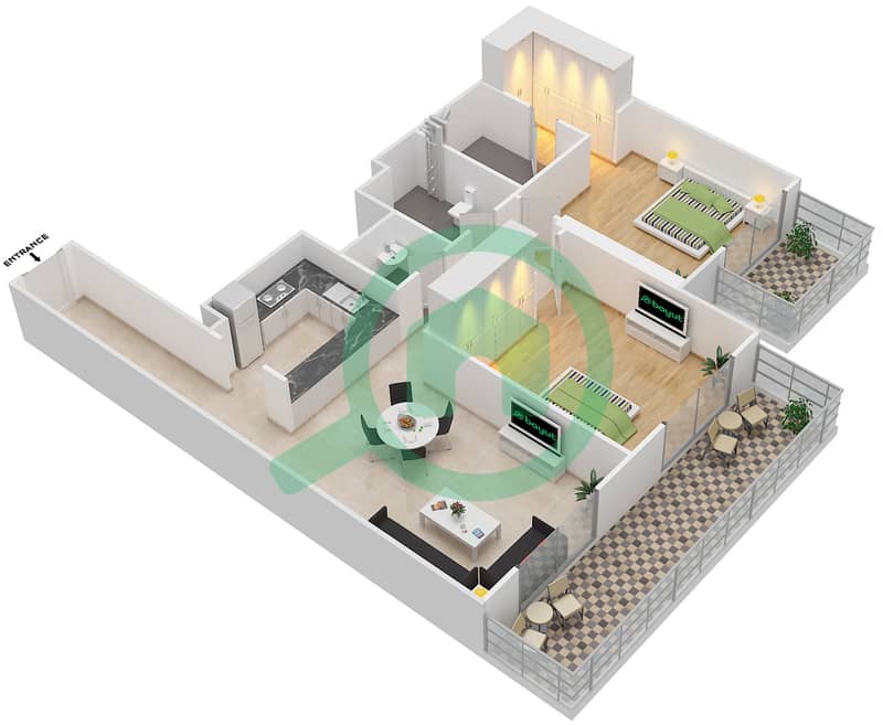 المخططات الطابقية لتصميم النموذج 5 شقة 2 غرفة نوم - شيرينا ريزيدينس interactive3D