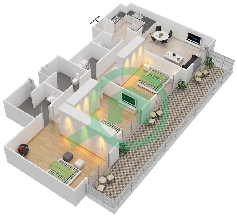 Шерена Резиденс - Апартамент 3 Cпальни планировка Тип 1 interactive3D