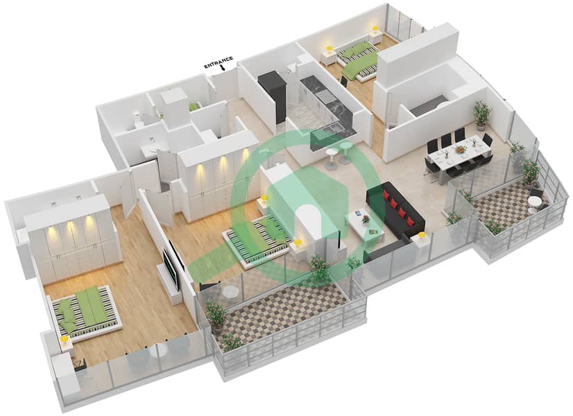 景观1号高塔 - 3 卧室公寓单位8 FLOOR 5,7,9,11,13,15,17戶型图 interactive3D