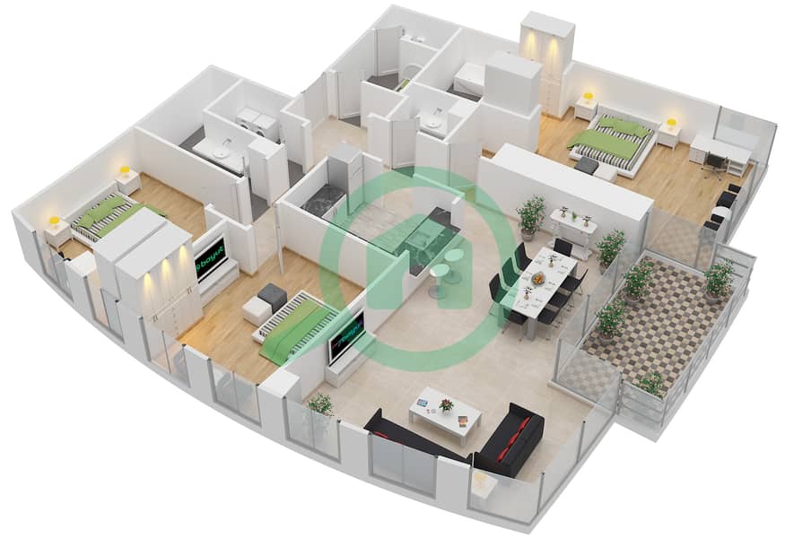 景观1号高塔 - 3 卧室公寓单位3 FLOOR 27,29,31,33,35,37戶型图 interactive3D