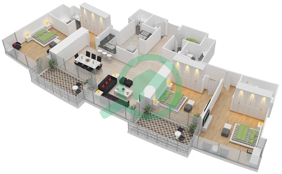景观1号高塔 - 3 卧室公寓单位4 FLOOR 26,28,30,32,34,36戶型图 interactive3D