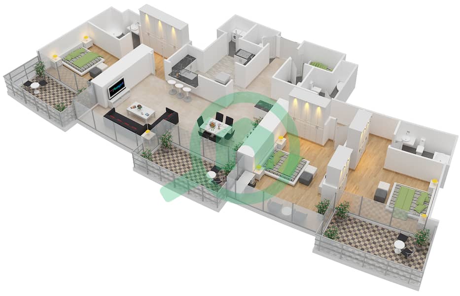 景观1号高塔 - 3 卧室公寓单位4 FLOOR 27,29,31,33,35,37戶型图 interactive3D