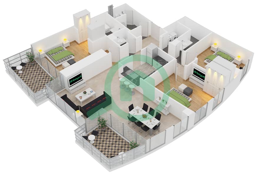 المخططات الطابقية لتصميم الوحدة 6 FLOOR 47,49,51,53,55,57 شقة 3 غرف نوم - برج فيستا 1 interactive3D