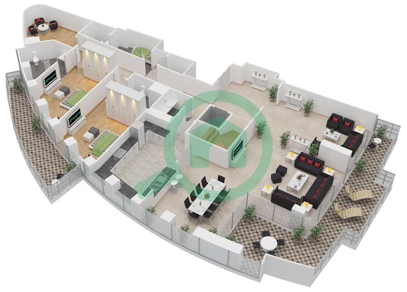 المخططات الطابقية لتصميم الوحدة 1 شقة 5 غرف نوم - برج فيستا 1 interactive3D