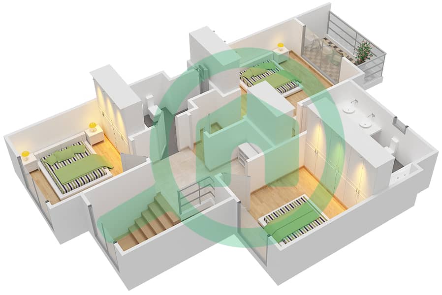萨马联排别墅 - 3 卧室联排别墅类型／单位1戶型图 interactive3D