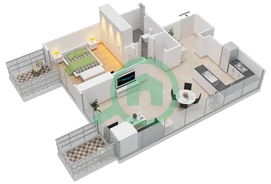 Фархад Азизи Резиденс - Апартамент 1 Спальня планировка Тип 1 FLOOR 2-17 interactive3D