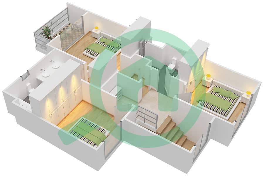 萨马联排别墅 - 3 卧室联排别墅类型／单位1A戶型图 interactive3D