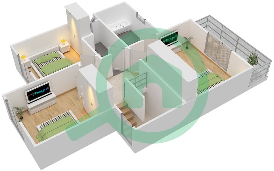 萨马联排别墅 - 3 卧室联排别墅类型／单位2戶型图 interactive3D