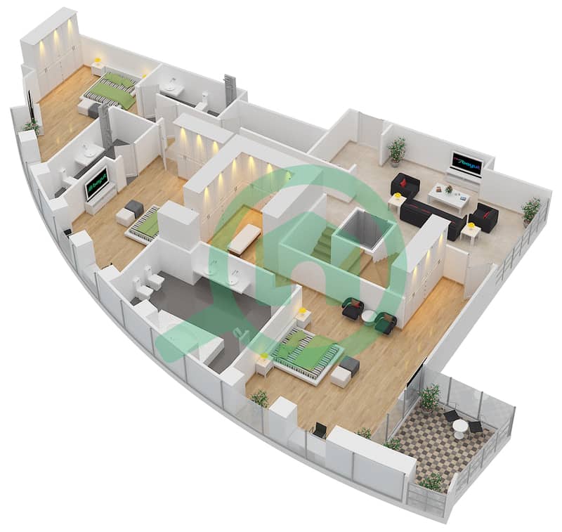 المخططات الطابقية لتصميم الوحدة 1 شقة 5 غرف نوم - برج فيستا 1 interactive3D