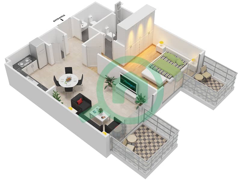 Farhad Azizi Residence - 1 Bedroom Apartment Type 2 FLOOR 2-17 Floor plan interactive3D