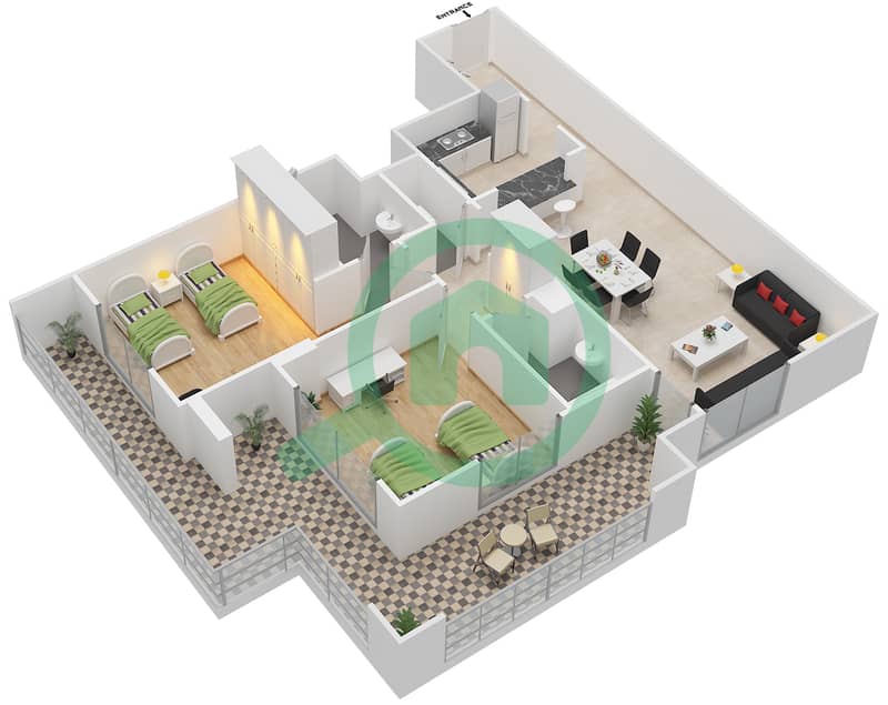 المخططات الطابقية لتصميم النموذج D-ASNAM 1 شقة 2 غرفة نوم - أنسام interactive3D
