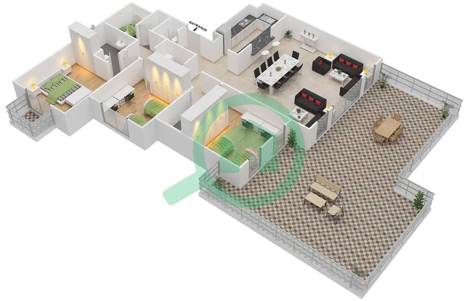 Ансам - Апартамент 3 Cпальни планировка Тип D-ANSAM 2,3 interactive3D