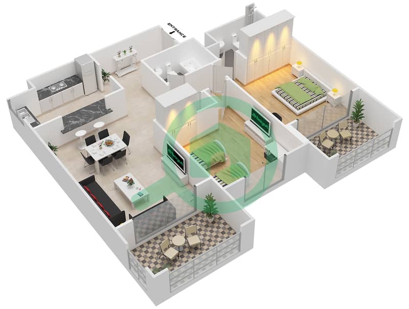 المخططات الطابقية لتصميم النموذج F-ANSAM 1 شقة 2 غرفة نوم - أنسام interactive3D