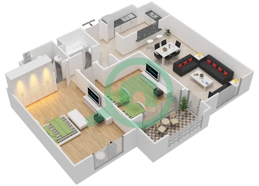 المخططات الطابقية لتصميم النموذج G-ANSAM 4 شقة 2 غرفة نوم - أنسام interactive3D