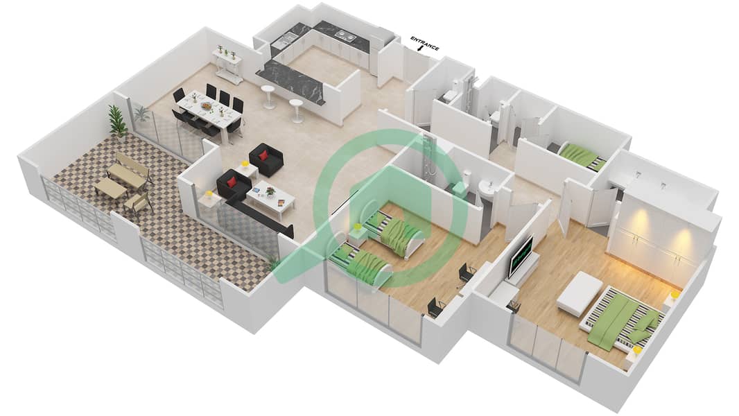 المخططات الطابقية لتصميم النموذج A-ANSAM 1 شقة 2 غرفة نوم - أنسام interactive3D