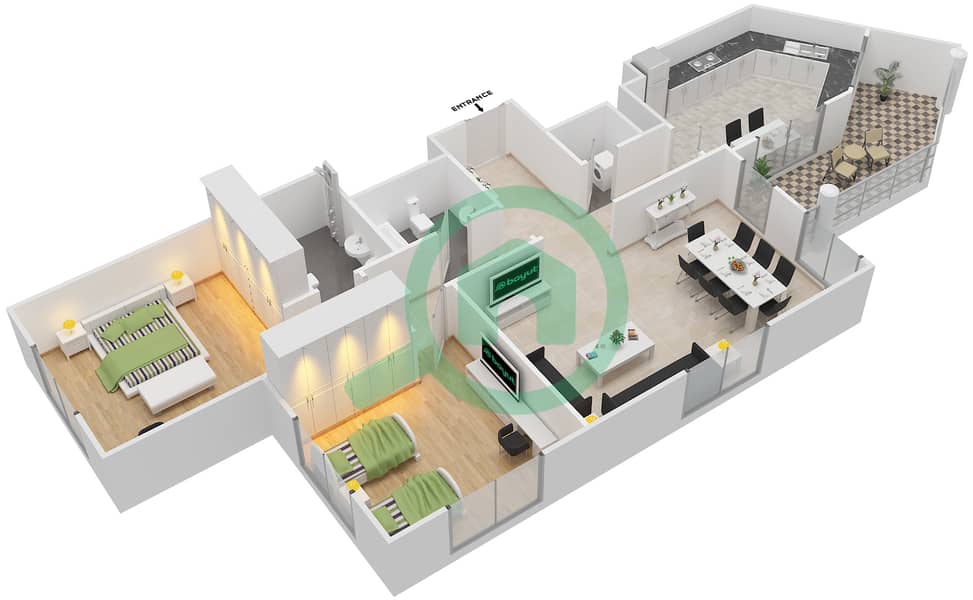المخططات الطابقية لتصميم النموذج C-ANSAM 1 شقة 2 غرفة نوم - أنسام interactive3D