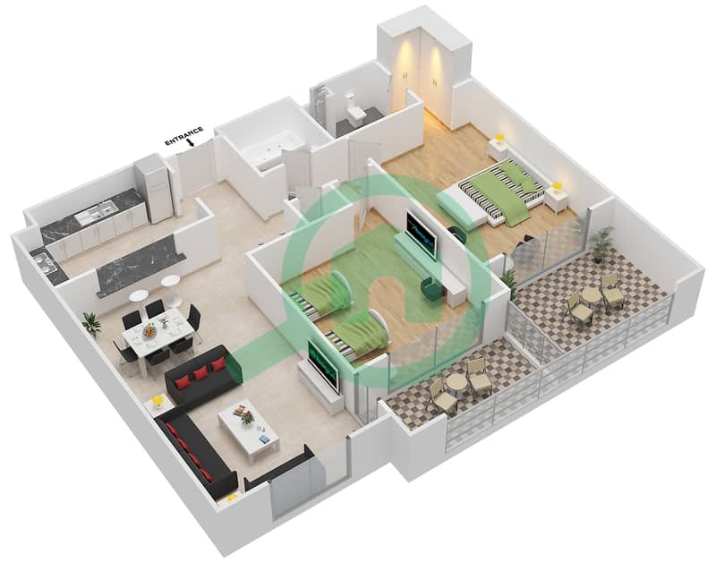 المخططات الطابقية لتصميم النموذج C-ANSAM 4 شقة 2 غرفة نوم - أنسام interactive3D