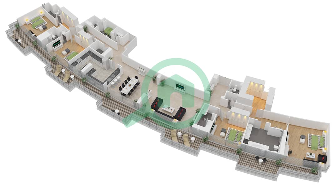景观1号高塔 - 4 卧室顶楼公寓单位2戶型图 interactive3D