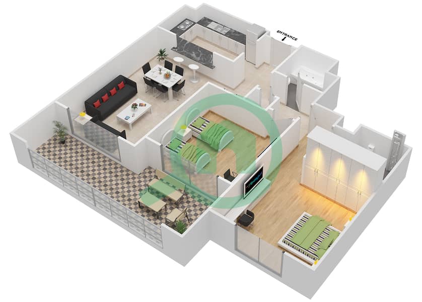 安萨姆公寓 - 2 卧室公寓类型E-ANSAM 1戶型图 interactive3D