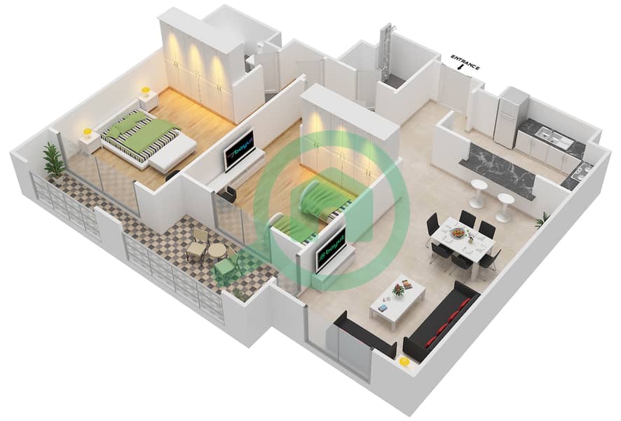 المخططات الطابقية لتصميم النموذج E-ANSAM 4 شقة 2 غرفة نوم - أنسام interactive3D