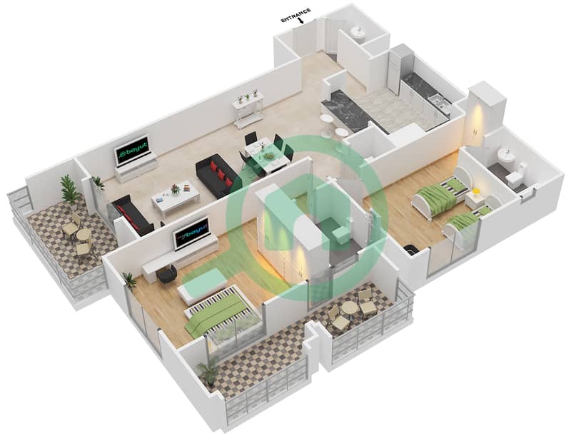 المخططات الطابقية لتصميم النموذج H-ANSAM 4 شقة 2 غرفة نوم - أنسام interactive3D