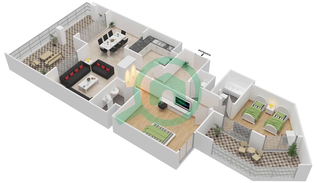 安萨姆公寓 - 2 卧室公寓类型B-ANSAM 1戶型图 interactive3D