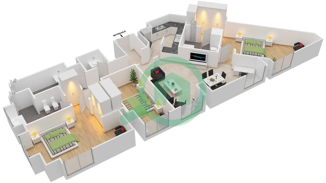 المخططات الطابقية لتصميم النموذج D شقة 3 غرف نوم - حياة ريجنسي كريك هايتس ريزيدنس interactive3D