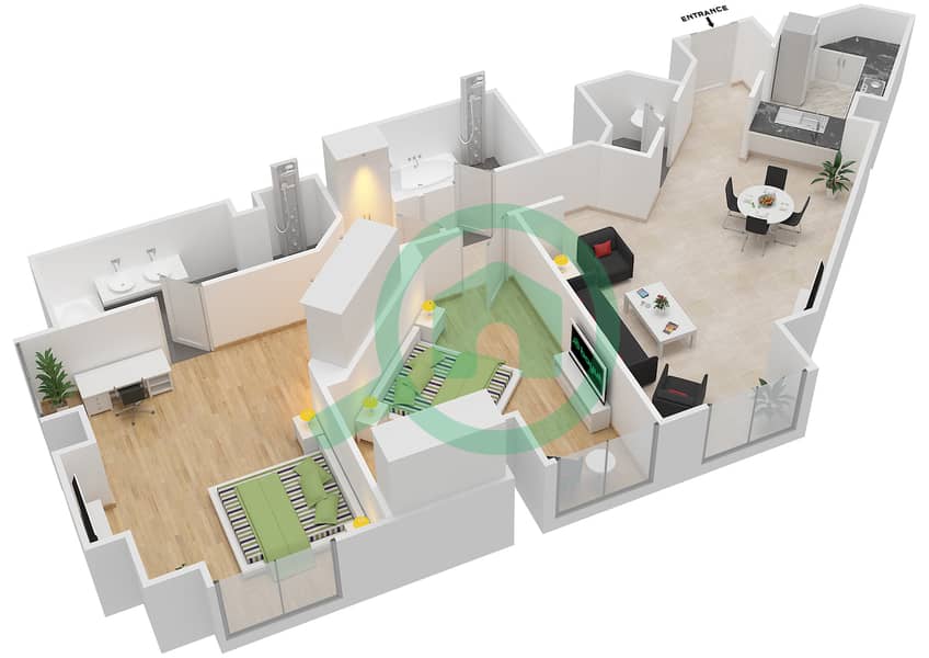 凯悦溪畔高地公寓式酒店 - 2 卧室公寓类型C戶型图 interactive3D