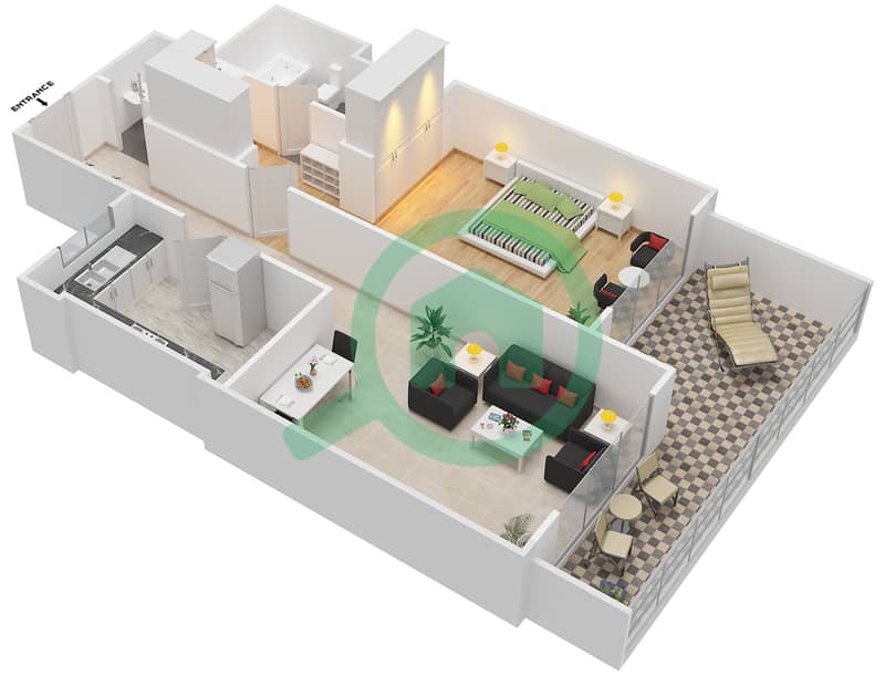 Al Fahad Tower 2 - 1 Bedroom Apartment Type 1-B Floor plan interactive3D