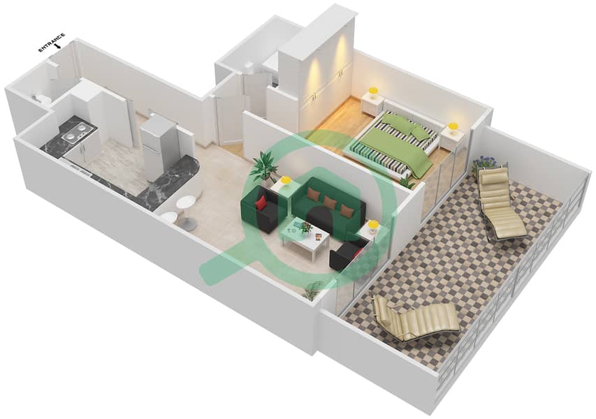 Al Fahad Tower 2 - 1 Bedroom Apartment Type 1-A Floor plan interactive3D