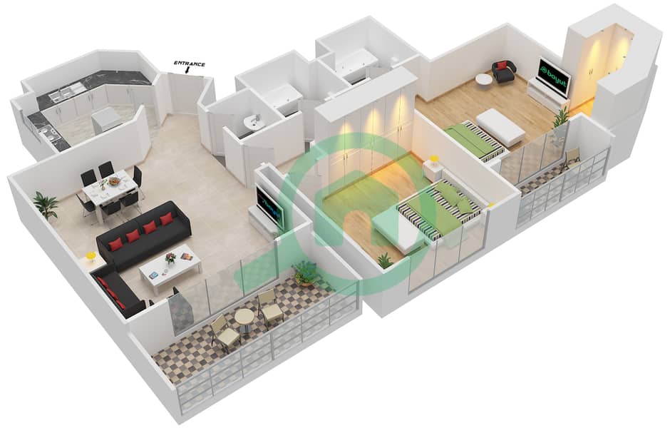 المخططات الطابقية لتصميم النموذج 2-A شقة 2 غرفة نوم - برج الفهد 2 interactive3D