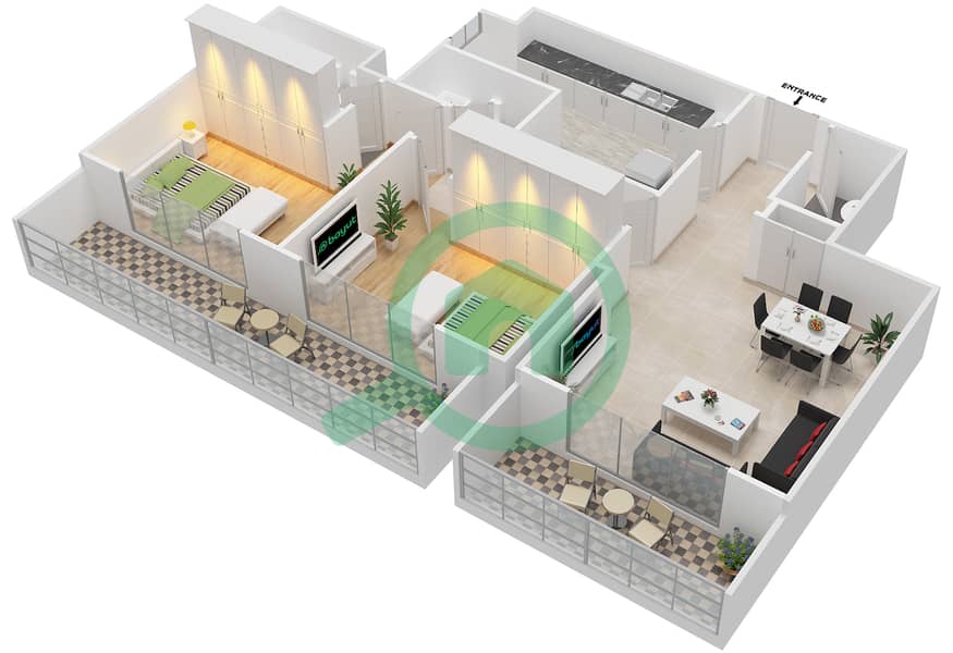 المخططات الطابقية لتصميم النموذج 2-B شقة 2 غرفة نوم - برج الفهد 2 interactive3D