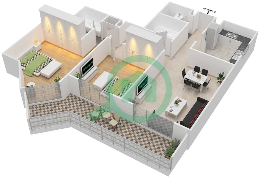 Ал Фахад Тауэр 2 - Апартамент 2 Cпальни планировка Тип 2-C interactive3D
