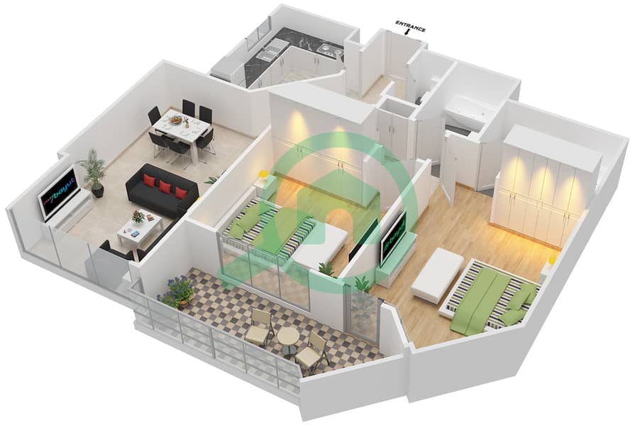 المخططات الطابقية لتصميم النموذج 2-D شقة 2 غرفة نوم - برج الفهد 2 interactive3D