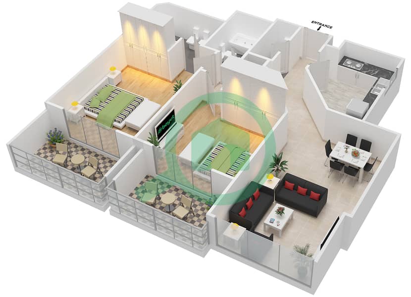 المخططات الطابقية لتصميم النموذج 2-E شقة 2 غرفة نوم - برج الفهد 2 interactive3D