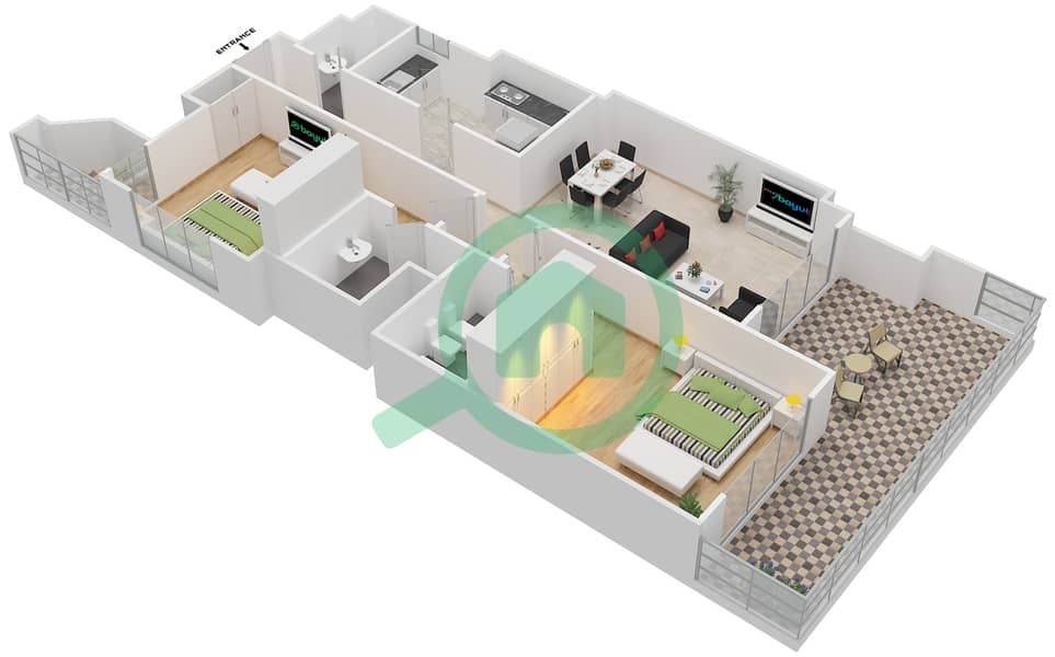 المخططات الطابقية لتصميم النموذج 2-F شقة 2 غرفة نوم - برج الفهد 2 interactive3D