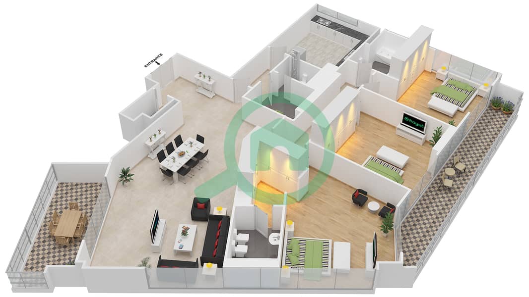 المخططات الطابقية لتصميم النموذج 3-A شقة 3 غرف نوم - برج الفهد 2 interactive3D