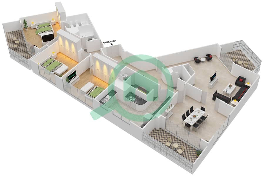 Ал Фахад Тауэр 2 - Апартамент 3 Cпальни планировка Тип 3-B interactive3D