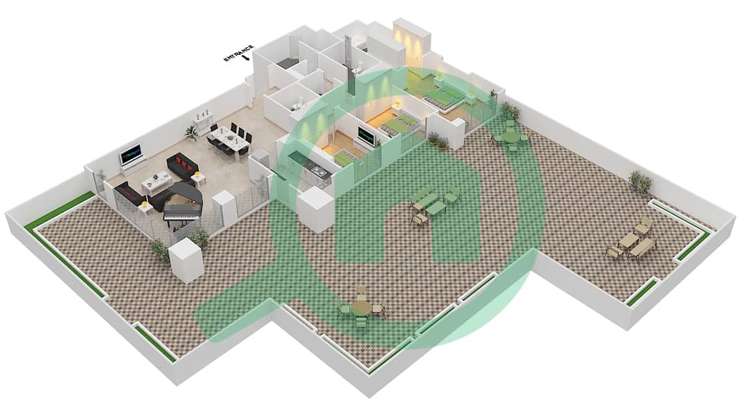 المخططات الطابقية لتصميم النموذج 3B-2 شقة 3 غرف نوم - شقق وردة 2 interactive3D