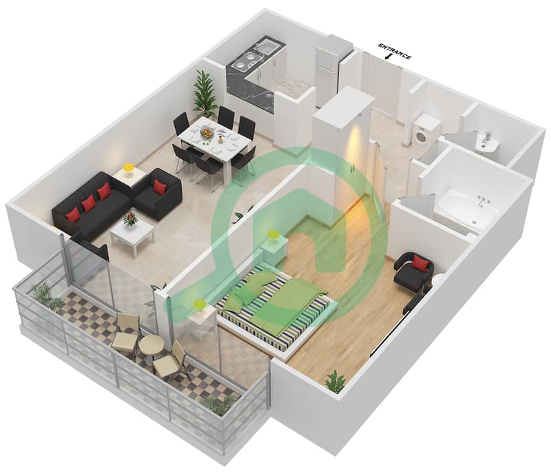 المخططات الطابقية لتصميم النموذج A شقة 1 غرفة نوم - جرين فيو 2 interactive3D
