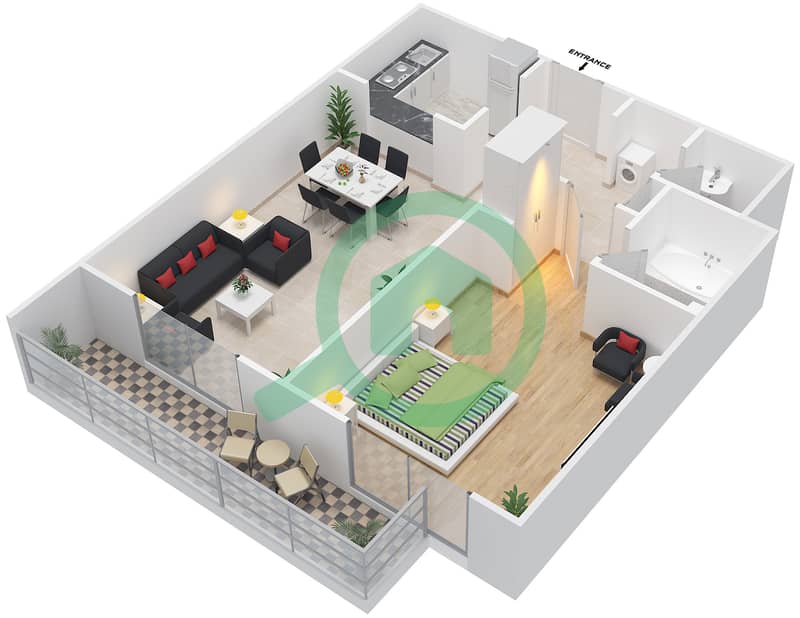 المخططات الطابقية لتصميم النموذج D شقة 1 غرفة نوم - جرين فيو 2 interactive3D