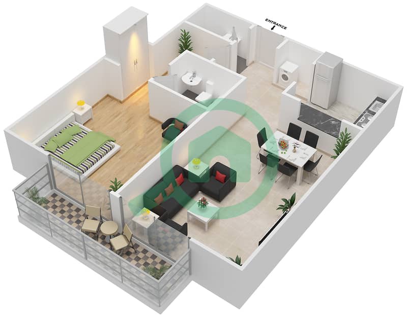 Green View 2 - 1 Bedroom Apartment Type B Floor plan interactive3D